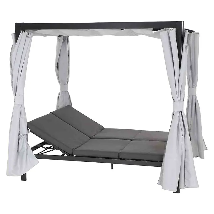 Loungeliege Waikiki - L x B x H: 206 x 150 x 200 cm, Anthrazit - Graue Sonnenliege mit Vorhängen, ideal für entspannte Stunden im Garten oder auf der Terrasse. Das perfekte Möbelstück für den Sommer.