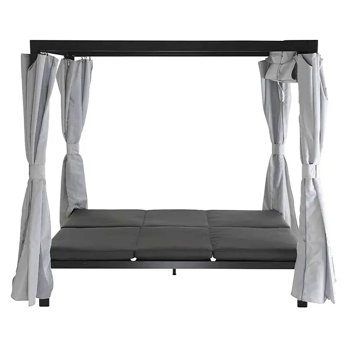 Loungeliege Waikiki - L x B x H: 206 x 150 x 200 cm, Anthrazit - Schwarzes Outdoor-Daybed mit grauen Vorhängen und grauer Matratze für entspannte Stunden im Freien. Komfort und Stil vereint.