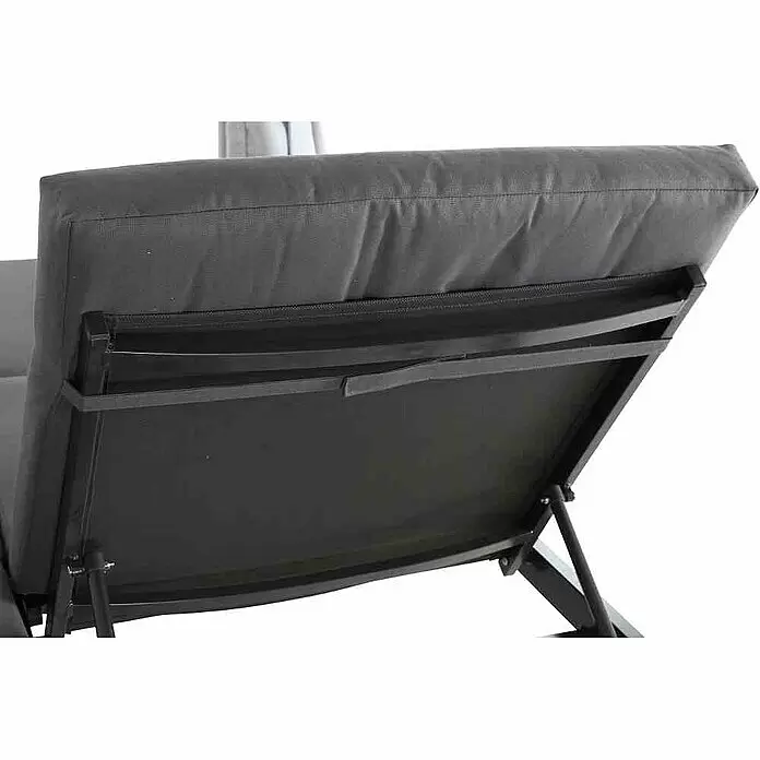 Loungeliege Waikiki - L x B x H: 206 x 150 x 200 cm, Anthrazit - Dunkelgraue Liegen-Rückenlehne mit Kissen, verstellbarem schwarzem Metallrahmen und Befestigungsriemen.