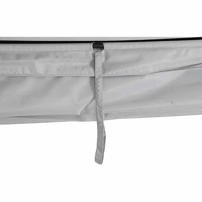 Loungeliege Waikiki - L x B x H: 206 x 150 x 200 cm, Anthrazit - Detailaufnahme einer weißen Markisenplane mit einem schwarzen Verschluss und einem herabhängenden weißen Band.