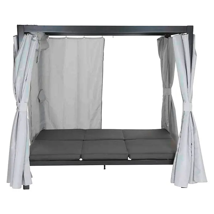 Loungeliege Waikiki - L x B x H: 206 x 150 x 200 cm, Anthrazit - Ein graues Tagesbett mit Vorhängen, perfekt zum Entspannen im Freien. Die Polster laden zum Verweilen ein.