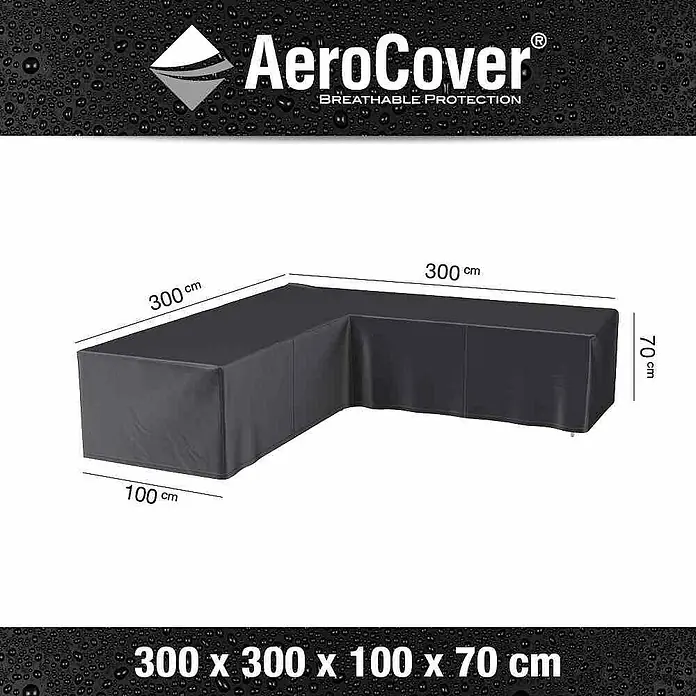 Loungemöbel Schutzhülle Aerocover - L x B x H: 300 x 300 x 70 cm, Polyester, Anthrazit - Produktbild einer AeroCover Schutzhülle für eine Eck-Gartenlounge, die atmungsaktiven Schutz bietet und mit Maßen von 300 x 300 x 100 x 70 cm.