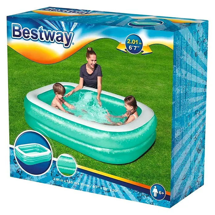 Bestway Quick-Up-Pool - L x B x H: 201 x 150 x 51 cm, Türkis, 450 l - Produktfoto von einer Bestway-Familienpool-Verpackung mit einem aufgeblasenen Pool, einer Mutter und zwei Kindern.