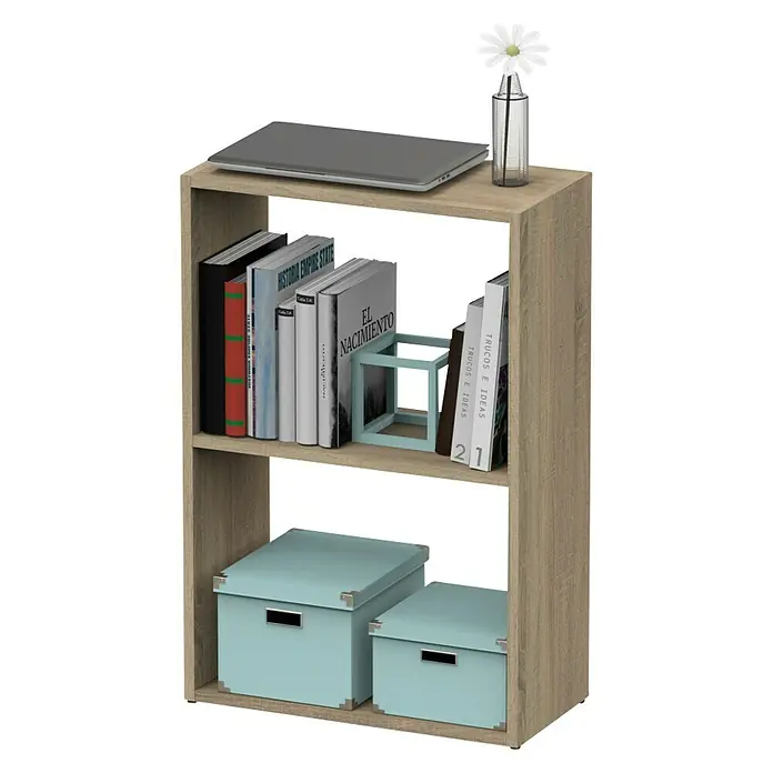 Muebles Pitarch Tibet Estantería de madera - Al x An x Pr: 75 x 50 x 24,5 cm, Número de baldas: 2 ud., Atornillado, Roble Cambrian - Esta sencilla estantería marrón claro con dos estantes ofrece un práctico espacio de almacenamiento para libros, cajas y artículos decorativos. Portátil y jarrón encima.