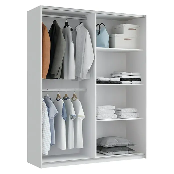 Muebles Pitarch Armario de puertas correderas Onix - L x An x Al: 62 x 150 x 200 cm, Blanco - Un armario blanco con ropa, toallas dobladas, almohadas y cajas de almacenamiento para una solución de almacenamiento organizada.