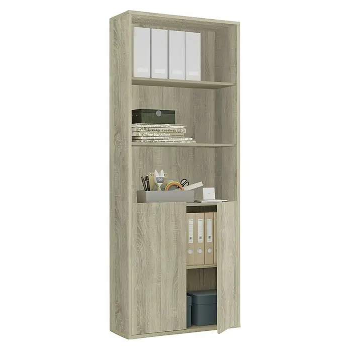 Muebles Pitarch Estantería de madera - Al x An x Pr: 196,5 x 75,5 x 33 cm, Número de baldas: 4 ud., Roble cambrian, Número de puertas: 2 ud. - Primer plano de una estantería de madera clara con estantes y cajones para guardar libros y material de oficina.