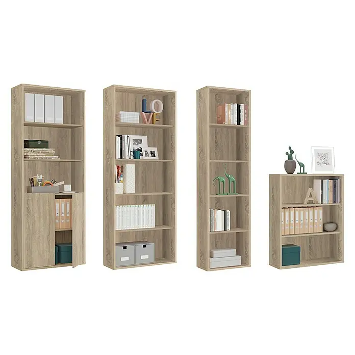 Muebles Pitarch Estantería de madera - Al x An x Pr: 99,5 x 75,5 x 33 cm, Número de baldas: 3 ud., Atornillado, Roble Cambrian - Vista de una librería con diseño de madera clara que ofrece almacenamiento y organización para libros y accesorios.