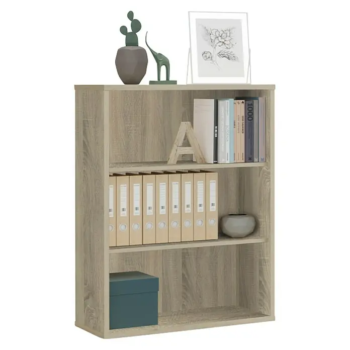 Muebles Pitarch Estantería de madera - Al x An x Pr: 99,5 x 75,5 x 33 cm, Número de baldas: 3 ud., Atornillado, Roble Cambrian - Imagen de una estantería de madera con tres niveles que muestra varios artículos como libros, carpetas y decoraciones.