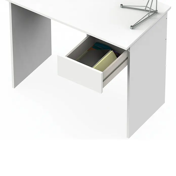 Muebles Pitarch Eko Mesa de escritorio con cajón - L x An x Al: 50 x 90 x 76 cm, Blanco - Aquí hay un escritorio blanco con un cajón parcialmente abierto que contiene libros y otros artículos.