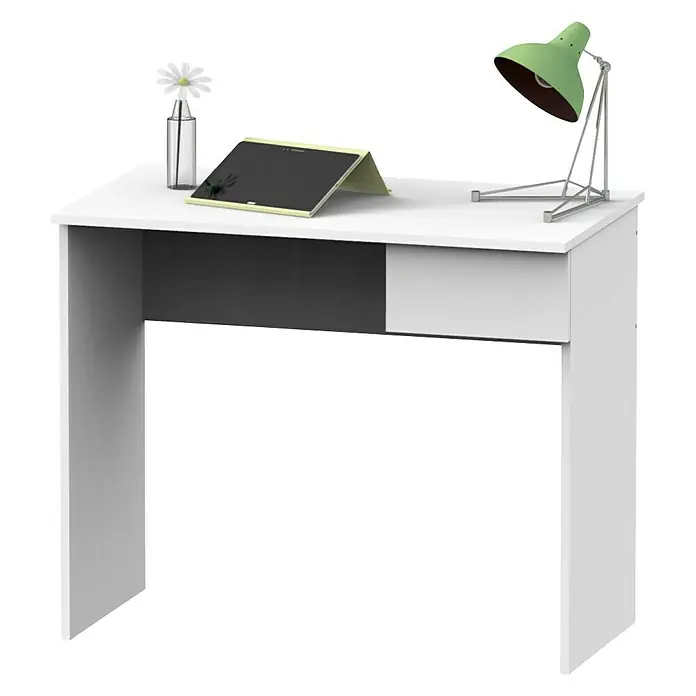 Muebles Pitarch Eko Mesa de escritorio con cajón - L x An x Al: 50 x 90 x 76 cm, Blanco - Toma de un escritorio blanco con una lámpara, una tableta y flores. El escritorio tiene un cajón y muestra una estética minimalista.