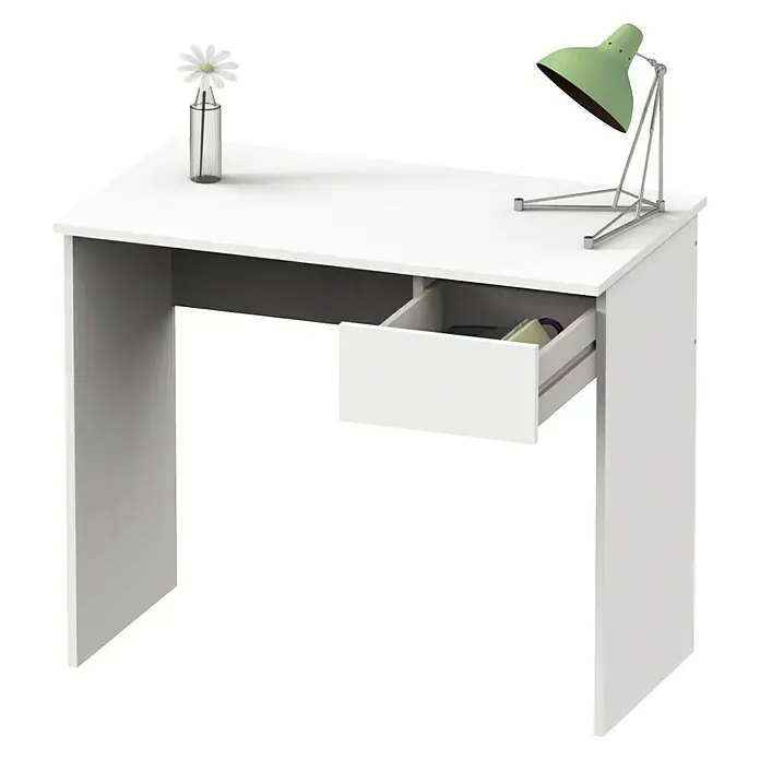 Muebles Pitarch Eko Mesa de escritorio con cajón - L x An x Al: 50 x 90 x 76 cm, Blanco - Escritorio blanco con cajón, lámpara y flor. El escritorio moderno ofrece espacio de trabajo y almacenamiento en uno.