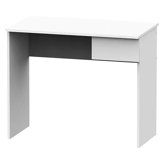 Muebles Pitarch Eko Mesa de escritorio con cajón - L x An x Al: 50 x 90 x 76 cm, Blanco - Esta imagen muestra un escritorio blanco moderno y minimalista con una superficie rectangular y dos patas. Ideal para la oficina o el hogar.