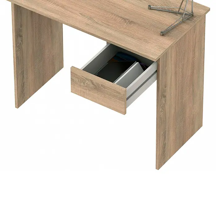 Muebles Pitarch Eko Mesa de escritorio con cajón - L x An x Al: 50 x 90 x 76 cm, Roble - Escritorio de madera con un cajón parcialmente abierto, que revela su contenido, perfecto para el hogar o la oficina.