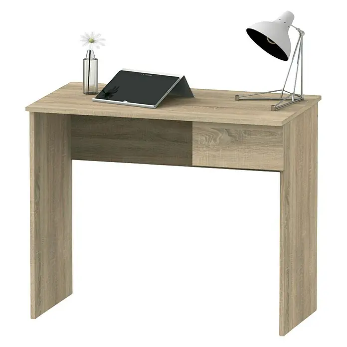 Muebles Pitarch Eko Mesa de escritorio con cajón - L x An x Al: 50 x 90 x 76 cm, Roble - Escritorio de madera clara con lámpara, tableta y flores encima para un espacio de trabajo elegante.