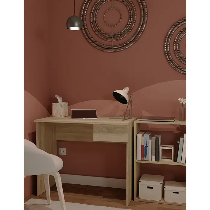 Muebles Pitarch Eko Mesa de escritorio con cajón - L x An x Al: 50 x 90 x 76 cm, Roble - Un escritorio luminoso con una estantería y decoraciones contra una pared marrón rojiza. Un rincón de trabajo elegante y funcional.