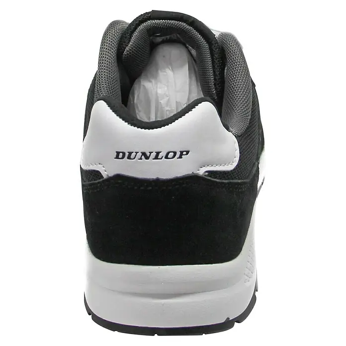 Dunlop Zapato bajo de seguridad Flying Luka - 36, Clase de protección según EN ISO 20345: S3, Negro - Vista trasera de una zapatilla Dunlop con ante negro, detalle de logotipo blanco y acolchado gris para mayor comodidad y estilo.
