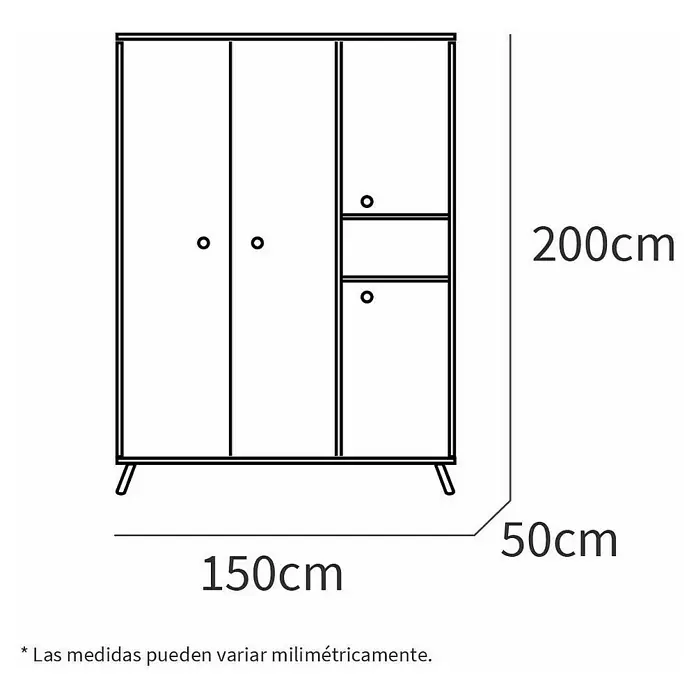 Muebles Pitarch Camila Armario para ropa - L x An x Al: 55 x 150 x 200 cm, Roble gold - Ilustración de un armario de tres puertas con unas dimensiones de 150 cm de ancho, 50 cm de profundidad y 200 cm de altura.