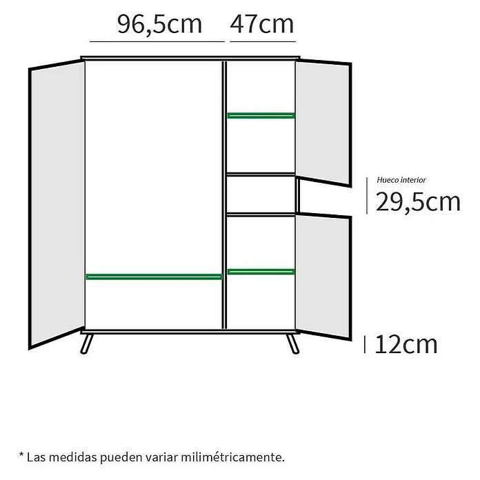 Muebles Pitarch Camila Armario para ropa - L x An x Al: 55 x 150 x 200 cm, Roble gold - Imagen del producto de un armario con unas dimensiones de 96,5 cm de ancho, 47 cm de profundidad y un espacio interior de 29,5 cm de altura.