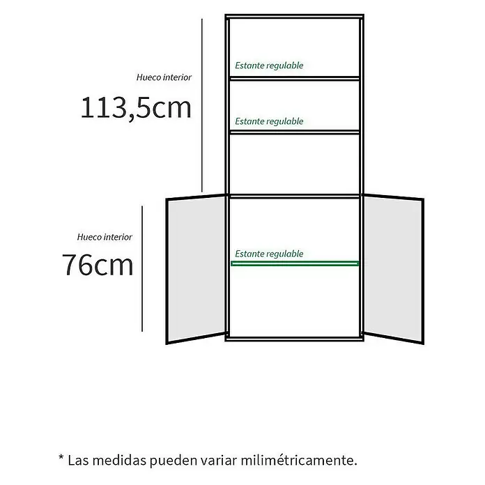 Muebles Pitarch Estantería de madera - Al x An x Pr: 196,5 x 75,5 x 33 cm, Número de baldas: 4 ud., Blanco, Número de puertas: 2 ud. - Ilustración de un armario con estantes regulables y dimensiones interiores de 113,5 cm de altura y 76 cm de ancho.
