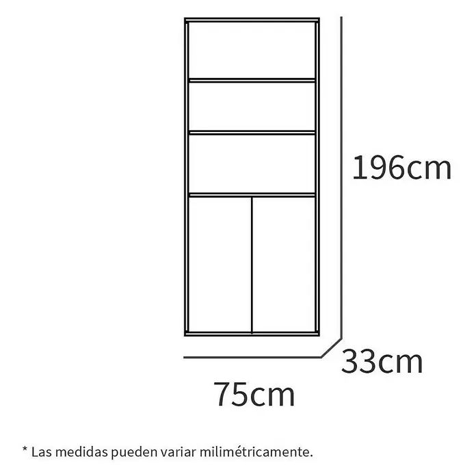 Muebles Pitarch Estantería de madera - Al x An x Pr: 196,5 x 75,5 x 33 cm, Número de baldas: 4 ud., Blanco, Número de puertas: 2 ud. - Diagrama de un armario con dimensiones de 196 cm de altura, 75 cm de anchura y 33 cm de profundidad. Ideal para almacenamiento adicional.