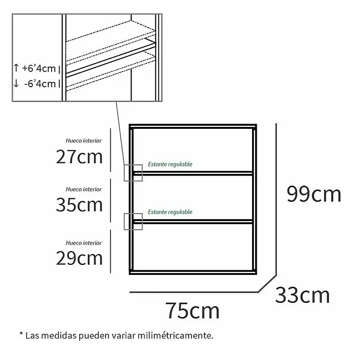 Muebles Pitarch Estantería de madera - Al x An x Pr: 99,5 x 75,5 x 33 cm, Número de baldas: 3 ud., Atornillado, Roble Cambrian - Ilustración de una estantería con estantes regulables, incluyendo dimensiones para espacio interior, altura, anchura y profundidad.