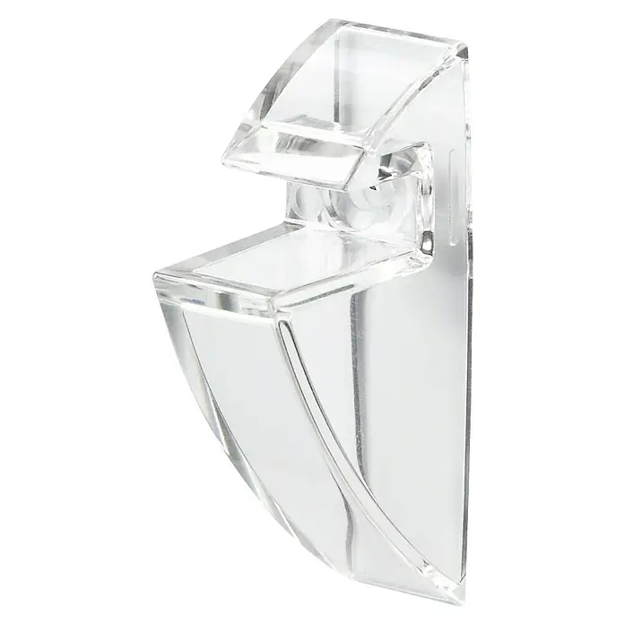 Dolle Wandregalhalter - Passend für: Regalbodenstärke 8 mm, Transparent - Naheaufnahme einer durchsichtigen, modernen Regalkonsole, die Funktionalität mit minimalistischem Design für eine stilvolle Wandmontage verbindet.