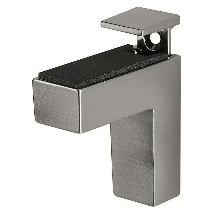 Dolle Wandregalhalter-Set Eliot - Belastbarkeit: 25 kg, Passend für: Regalbodenstärke 6 - 40 mm, Edelstahloptik, 2 Stk. - Nahaufnahme einer modernen, gebürsteten Nickel-Glasbodenhalterung mit einer quadratischen Form und einer rutschfesten schwarzen Gummieinlage.