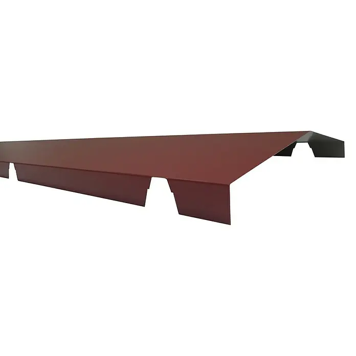 Cumbrera de placa Soditer - Rojo, Largo: 2,2 m - Primer plano de una cubierta de techo metálica color burdeos, ideal para proteger contra los elementos climáticos, perfecta para hogares.