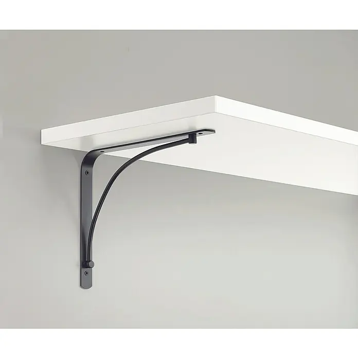 Stegkonsole Arch - B x H: 230 x 180 mm, Anthrazit - Ein Regal mit einer schwarzen, gebogenen Regalhalterung an einer grauen Wand.