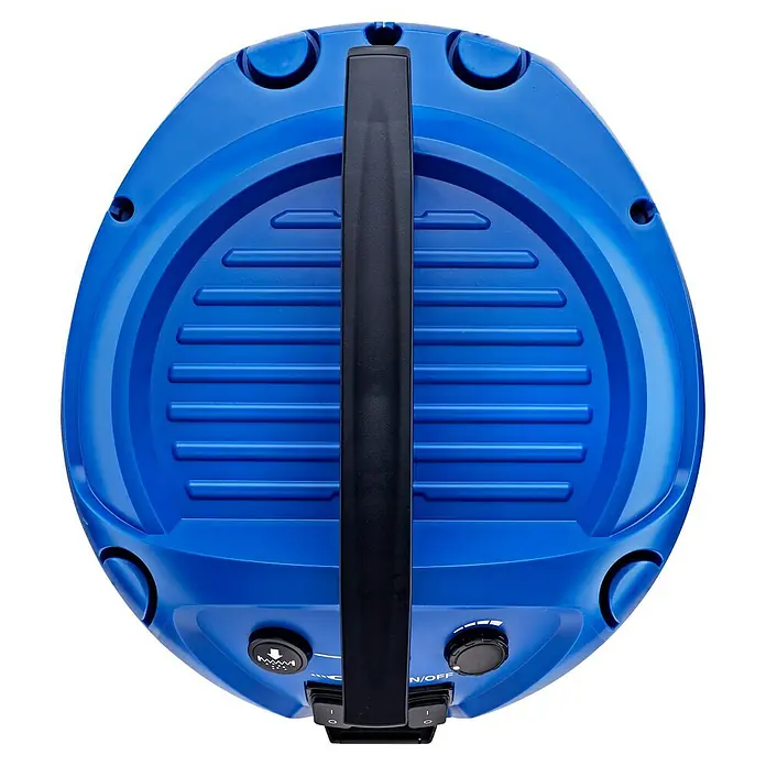 Nilfisk Elektro-Nass- & Trockensauger Multi II 30 T Inox VSC - 1.400 W, Behältervolumen: 30 l, Halbautomatisch - Draufsicht auf einen blauen, runden Lautsprecher mit schwarzem Griff und Bedienelementen. Perfekt für Musik unterwegs.