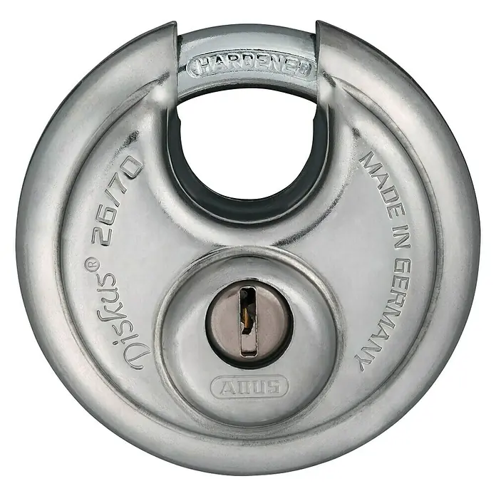Abus Diskusschloss 26/70B - B x H: 70 x 70 mm, Bügelstärke: 10 mm, Edelstahl - Silbernes ABUS Diskus 26/70 Vorhängeschloss, ideal für hohe Sicherheitsanforderungen und mit Aufschrift "Made in Germany".