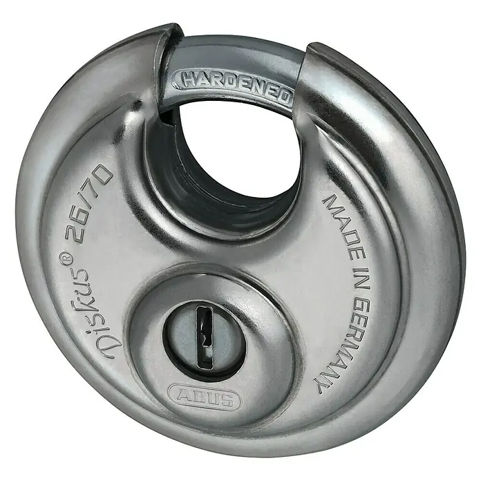 Abus Diskusschloss 26/70B - B x H: 70 x 70 mm, Bügelstärke: 10 mm, Edelstahl - Das ABUS Diskus 26/70 Vorhängeschloss aus gehärtetem Stahl bietet hohen Schutz und Sicherheit für Ihre Wertsachen. Made in Germany.