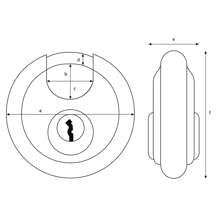 Abus Diskusschloss 26/70B - B x H: 70 x 70 mm, Bügelstärke: 10 mm, Edelstahl - Darstellung eines Zylinderschlosses mit Abmessungsangaben für Durchmesser und Länge, ideal für Baupläne und technische Zeichnungen.