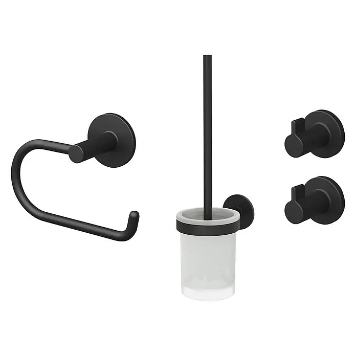 Lenz Bad-Set Nero4 -tlg., Schwarz - Eine Toilettenpapierhalterung, eine WC-Bürste und zwei Haken in mattschwarzer Ausführung. Elegante Badezimmeraccessoires für ein modernes Ambiente.