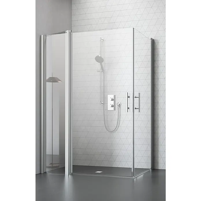Camargue Vario Eckdusche S1+S15+S2 - 115 x 80 x 195 cm, Beschichtet, Silber, Glasstärke: 6 mm - Bild eines modernen Duschbereichs mit klaren Glaswänden und stilvoller Armatur, die ein elegantes Badeerlebnis verspricht.