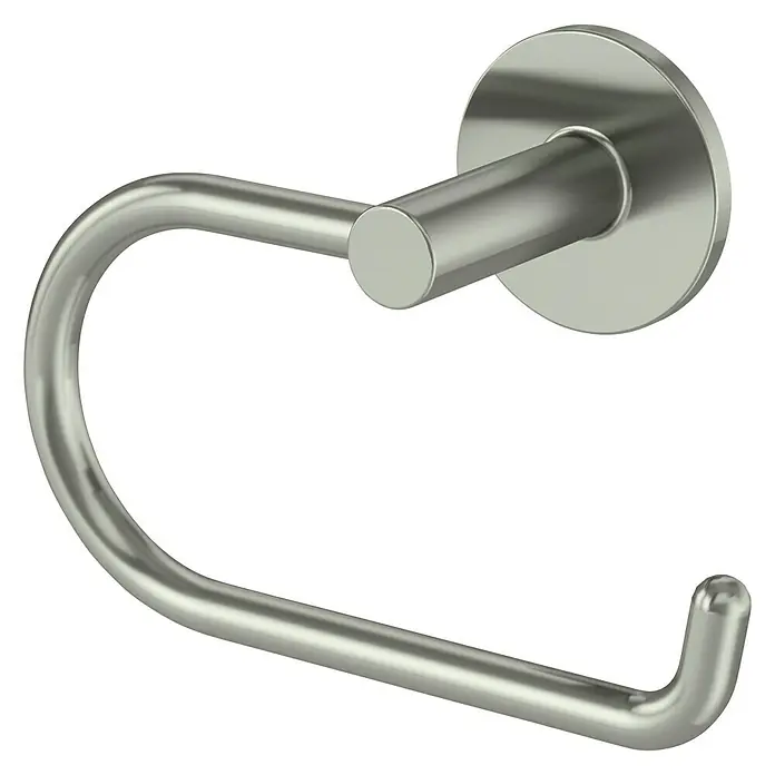 Lenz Toilettenpapierhalter Noa - Ohne Deckel, Nickel, Matt - Nahaufnahme eines Toilettenpapierhalters aus gebürstetem Nickel mit einem runden Sockel und einem gebogenen Arm.