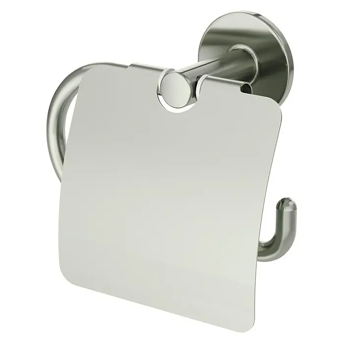 Lenz Toilettenpapierhalter Noa - Mit Deckel, Nickel, Matt - Nahaufnahme eines silberfarbenen Toilettenpapierhalters mit einer rechteckigen Abdeckung und einem abgerundeten Ende.