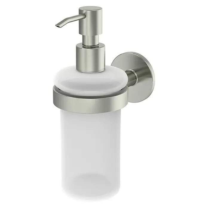 Lenz Seifenspender Noa - L x B x H: 13 x 7,35 x 18,9 cm, Metall, Nickel - Wandseifenspender mit mattem Glasbehälter und verchromter Pumpe für stilvolle Badgestaltung.