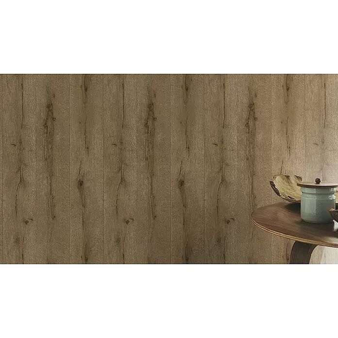 Rasch Vliestapete Holz I - Natur, Holzoptik, 10,05 x 0,53 m - Rustikale braune Holzpaneele mit deutlicher Maserung, die eine strukturierte und natürliche Innenfläche bilden.