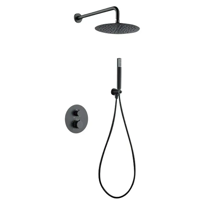 Imex Line Sistema de ducha empotrado - Black gun metal - Elegante juego de ducha en negro mate con rociador de lluvia, ducha de mano y termostato. Un complemento elegante para cualquier baño.