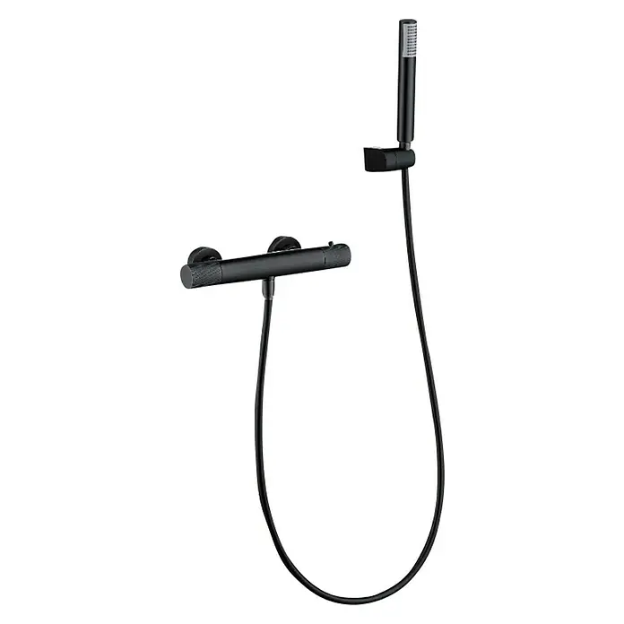 Imex Line Grifo con termostato - Ancho: 29,5 cm, Black gun metal - Grifo de ducha negro con teleducha y manguera, diseño de baño moderno para experiencias de ducha elegantes.