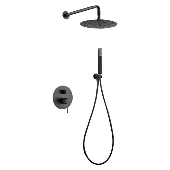 Imex Line Sistema de ducha empotrado - Black Gum - Sistema de ducha negro con rociador de lluvia, ducha de mano y control termostático para un baño moderno.