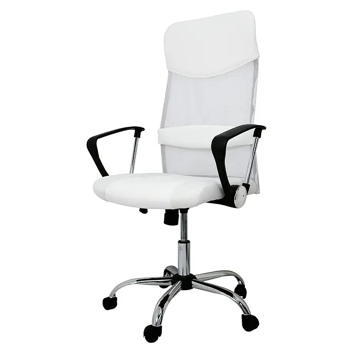 Silla de oficina Dafne - Blanco, Reposacabezas - Imagen de una silla de oficina blanca. La silla tiene un respaldo alto con tejido de malla y reposabrazos ajustables, ideal para oficinas en casa.