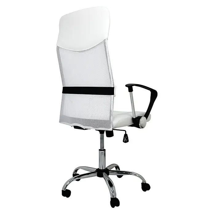 Silla de oficina Dafne - Blanco, Reposacabezas - Vista posterior de una silla de oficina blanca con respaldo de malla, altura regulable y base cromada. Ideal para oficinas modernas.