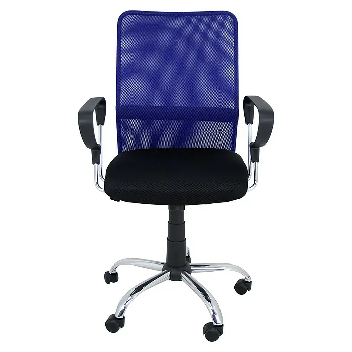 Silla de oficina Helena - Azul, Reposabrazos - Silla de oficina con respaldo de malla azul, asiento negro y base cromada. Ideal para una sentada cómoda en el trabajo.