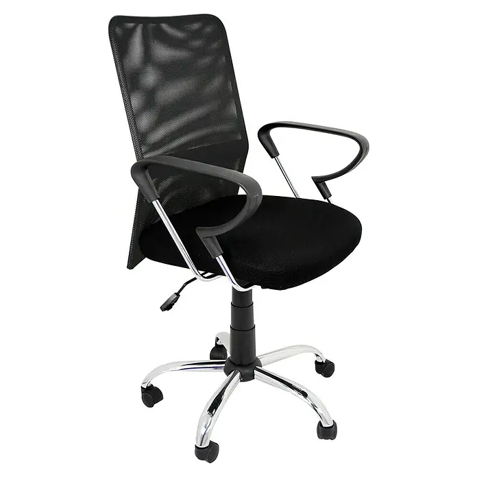 Silla de oficina Helena - Negro, Reposabrazos - Una silla de oficina con respaldo de malla y base cromada, ideal para confort y estilo en la oficina. Diseño ergonómico para largas horas de trabajo.