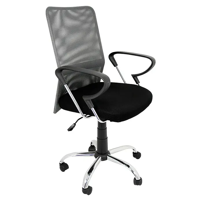 Silla de oficina Helena - Gris, Reposabrazos - Silla de oficina con respaldo de malla, reposabrazos negros y base cromada con ruedas. Ideal para la comodidad y la ergonomía en el trabajo.