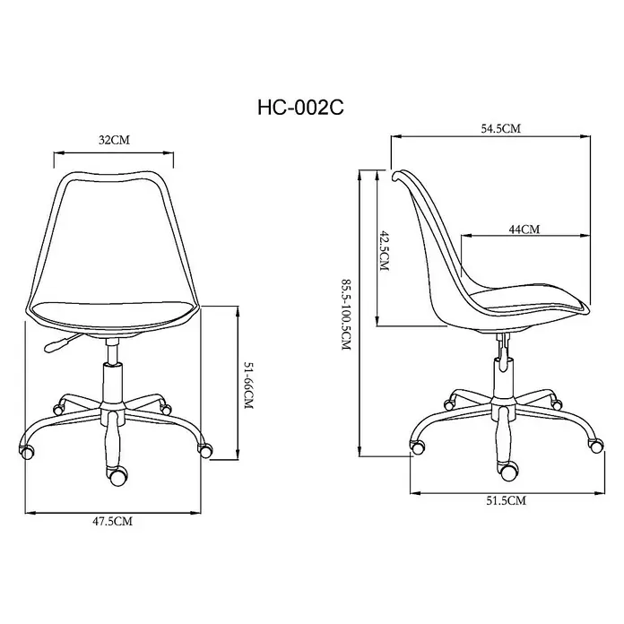Silla de oficina Adriana - Blanco, Ruedas - Diagrama de una silla de oficina HC-002C, que muestra las medidas de altura, anchura y profundidad en centímetros.