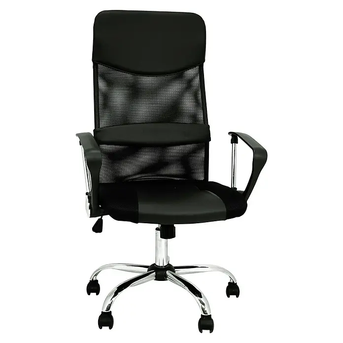 Silla de oficina Dafne - Negro, Reposacabezas - Silla de oficina negra con respaldo alto, tejido de malla y reposabrazos ajustables para un confort óptimo.
