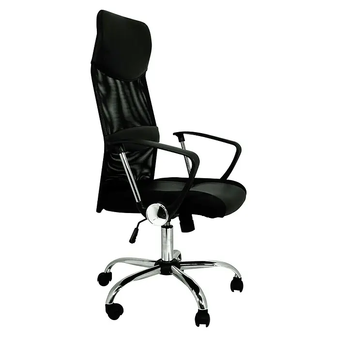 Silla de oficina Dafne - Negro, Reposacabezas - Silla de oficina negra con respaldo alto y base cromada, diseñada para la comodidad ergonómica durante la jornada laboral.
